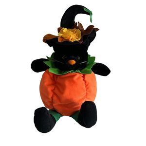 PACIFIX Halloween Black Cat In Orange Pumpkin Plush Stuffed Animal Flower Hat